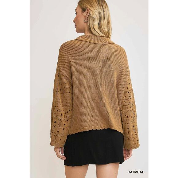 Umgee Crochet Button Down Long Sleeves Oversized Casual Knit Cardigan | Oatmeal - Picture 2 of 6